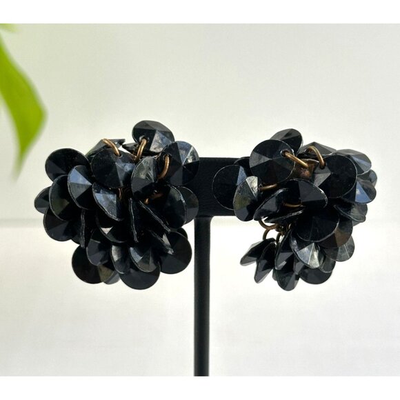 Vintage Black Cha Cha Clip-On Earrings 1.5" Retro Early Plastic Jewelry - Picture 1 of 7